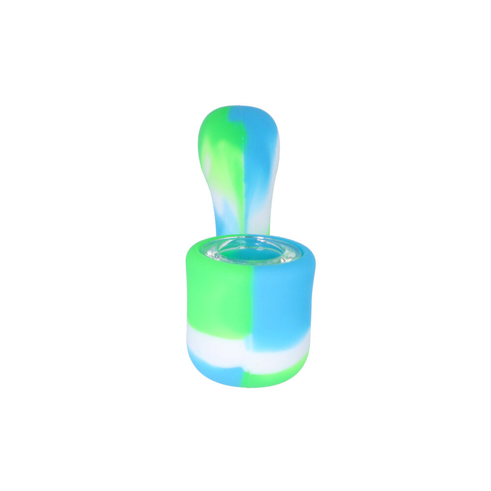 Silicone Sherlock Hand Pipe with Insert Glass Bowl | Green/Blue/White - Front View 