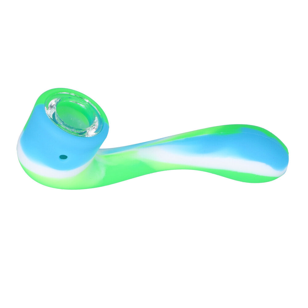 Silicone Sherlock Hand Pipe with Insert Glass Bowl | Green/Blue/White - Side View 