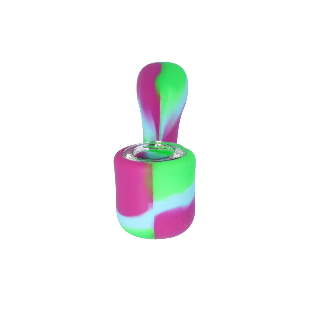 Silicone Sherlock Hand Pipe with Insert Glass Bowl | Purple/Green/Blue - Front View 