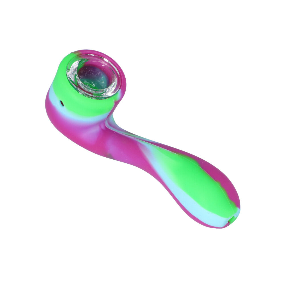 Silicone Sherlock Hand Pipe with Insert Glass Bowl | Purple/Green/Blue - Top View 