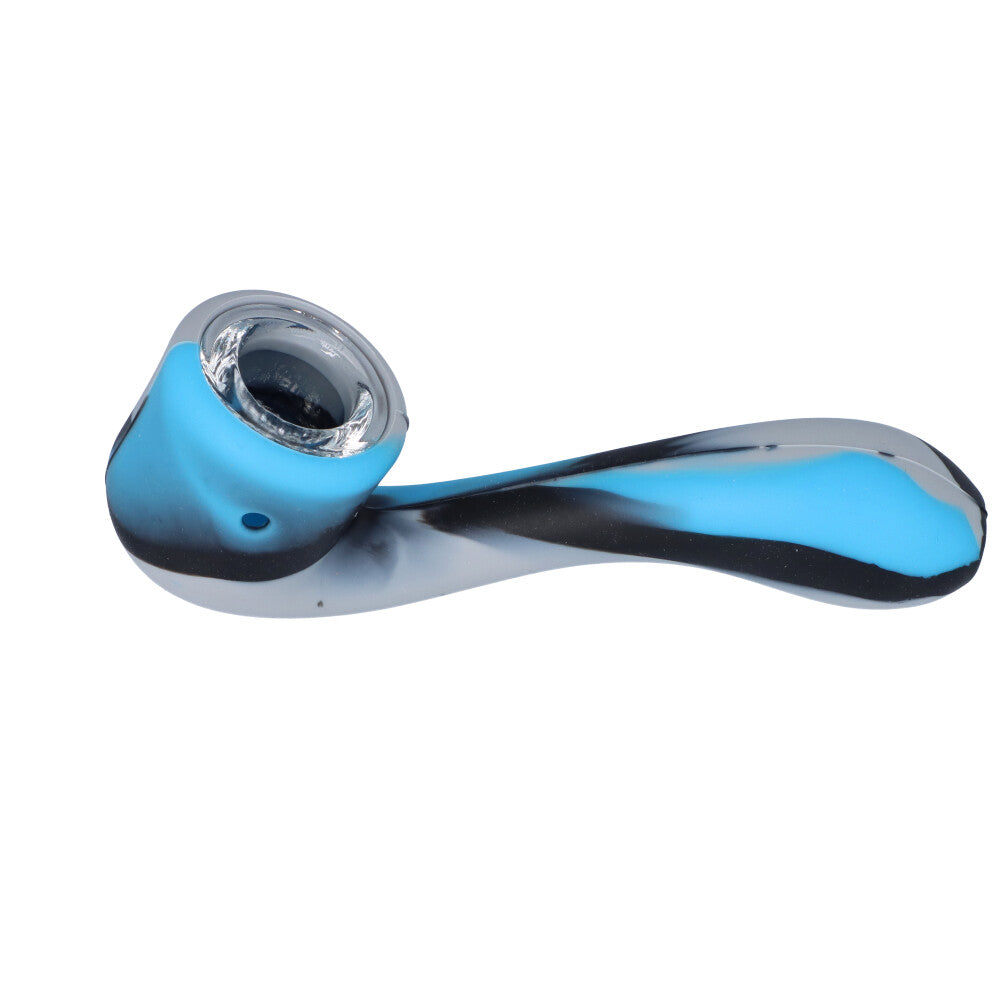 Silicone Sherlock Hand Pipe with Insert Glass Bowl | Black/Blue/Grey - Side View 