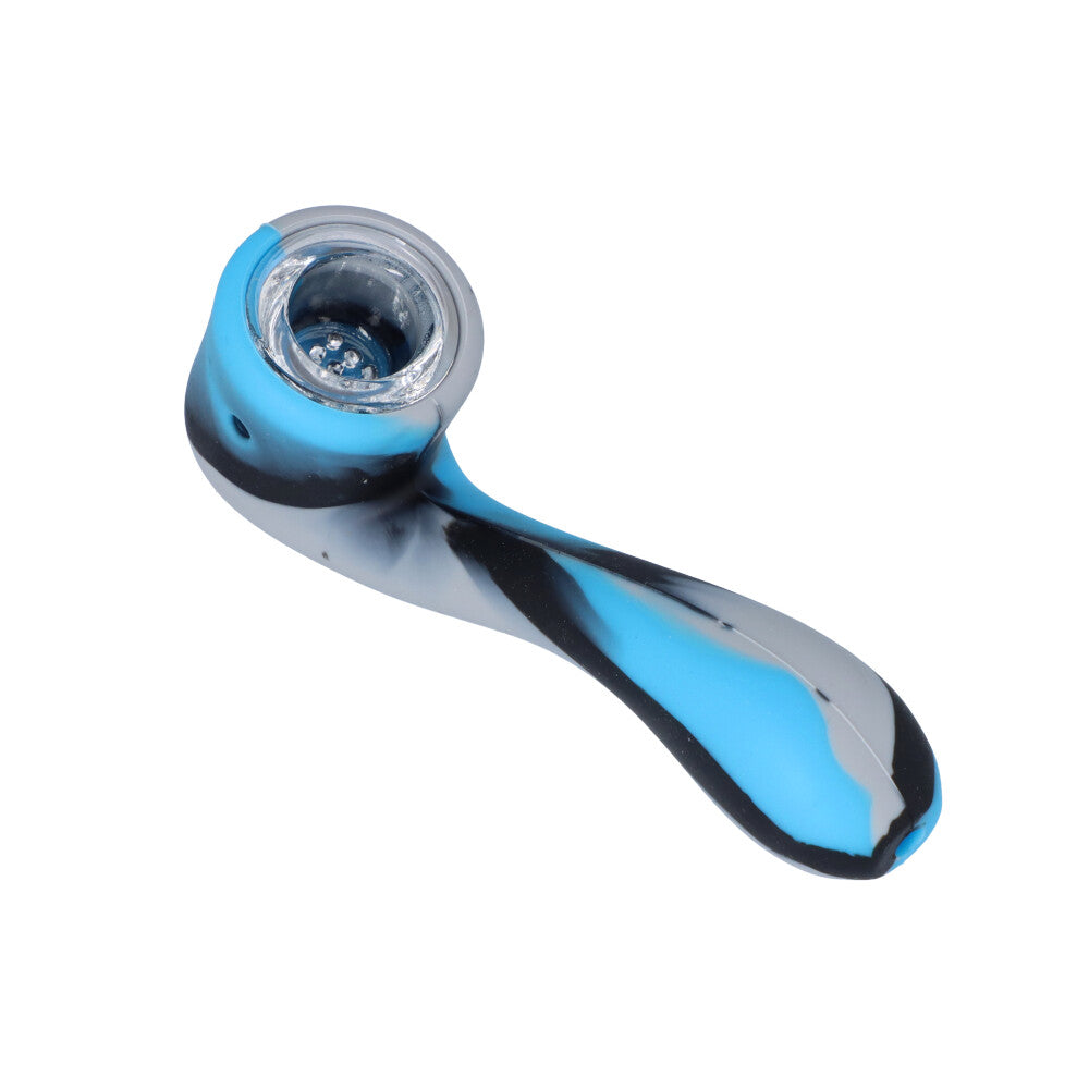 Silicone Sherlock Hand Pipe with Insert Glass Bowl | Black/Blue/Grey - Top View 