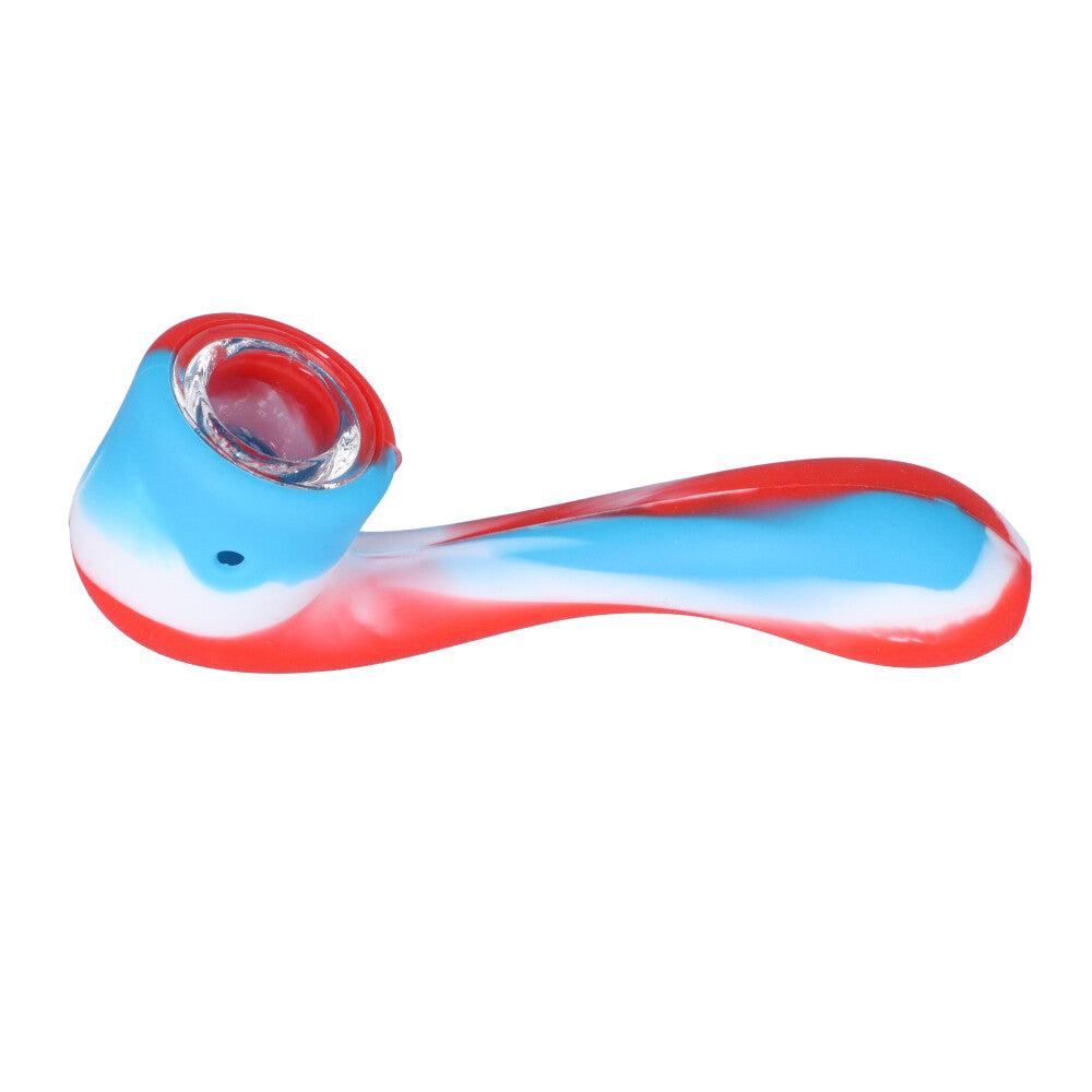 Silicone Sherlock Hand Pipe with Insert Glass Bowl | Red/White/Blue - Side View 