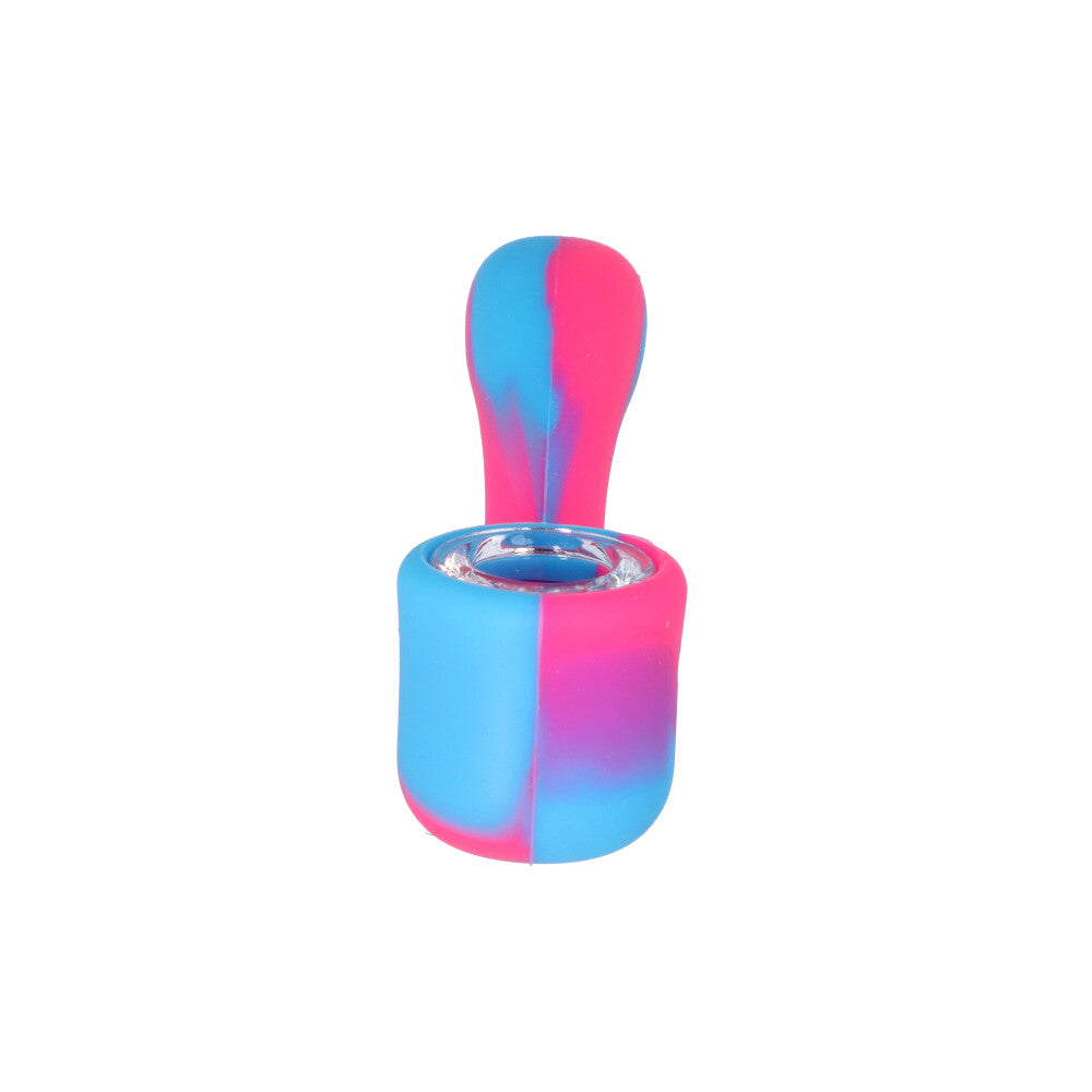 Silicone Sherlock Hand Pipe with Insert Glass Bowl | Pink/Blue - Front View 