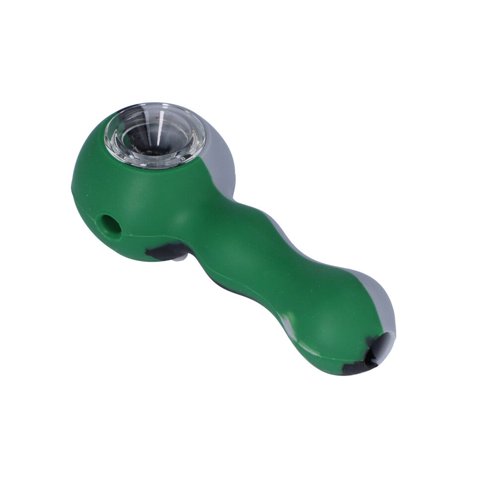 Silicone Spoon Pipe with Inlaid Glass Bowl | Green/Black/Grey - Back View 