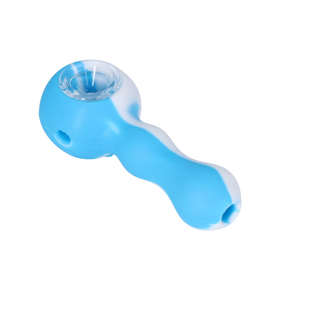 Silicone Spoon Pipe with Inlaid Glass Bowl | Blue/White - Back View 