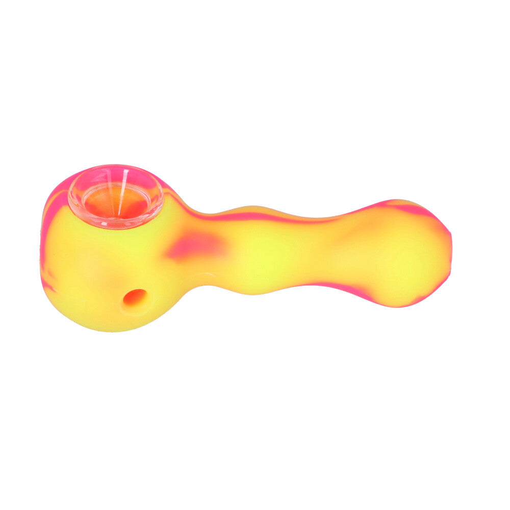 Silicone Spoon Pipe with Inlaid Glass Bowl | Yellow/Pink - Side View 
