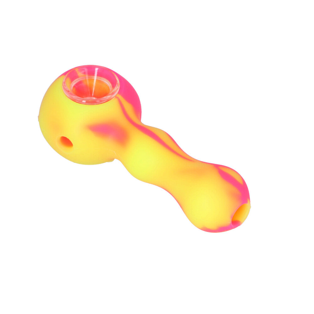 Silicone Spoon Pipe with Inlaid Glass Bowl | Yellow/Pink - Back View 