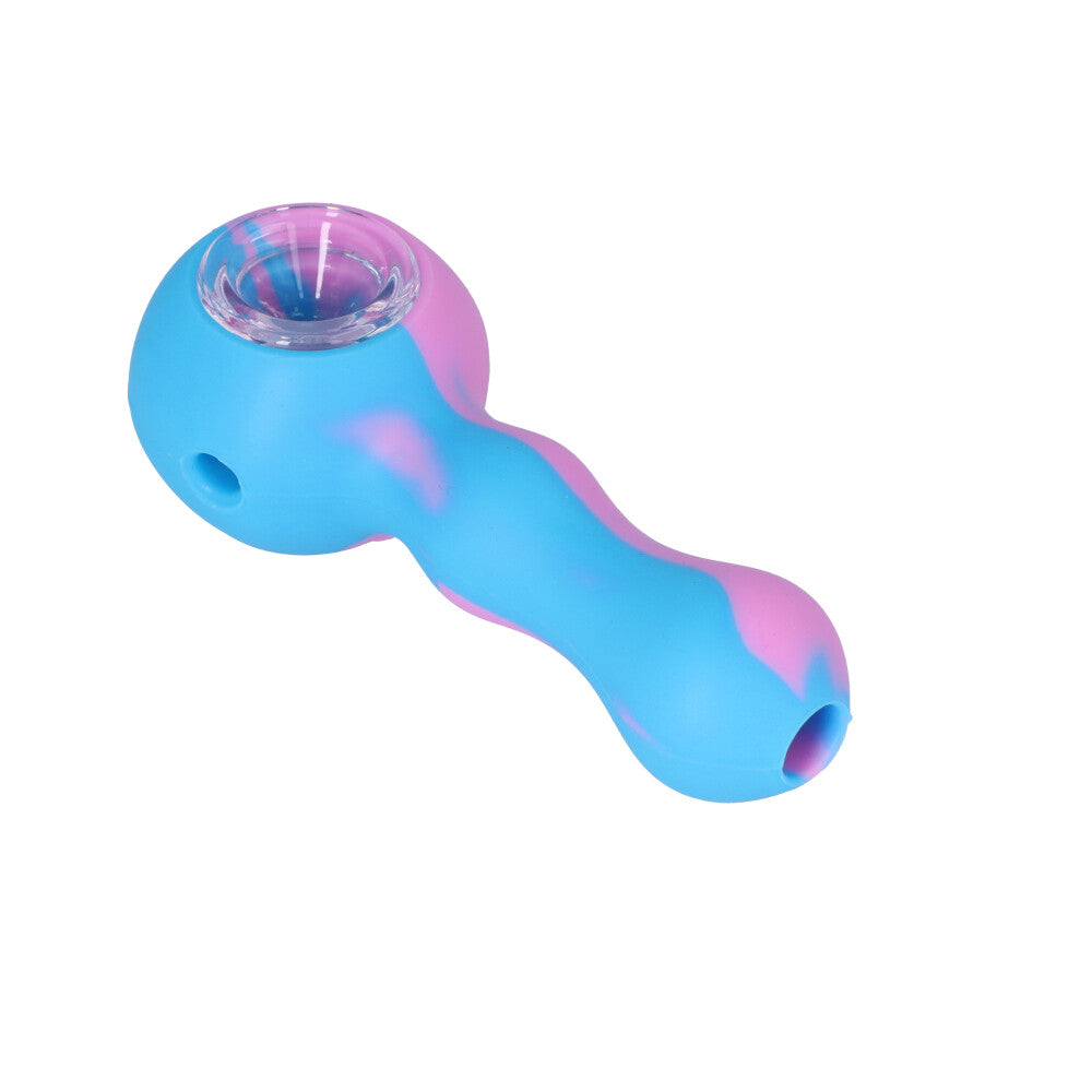 Silicone Spoon Pipe with Inlaid Glass Bowl | Blue/Purple - Back View 
