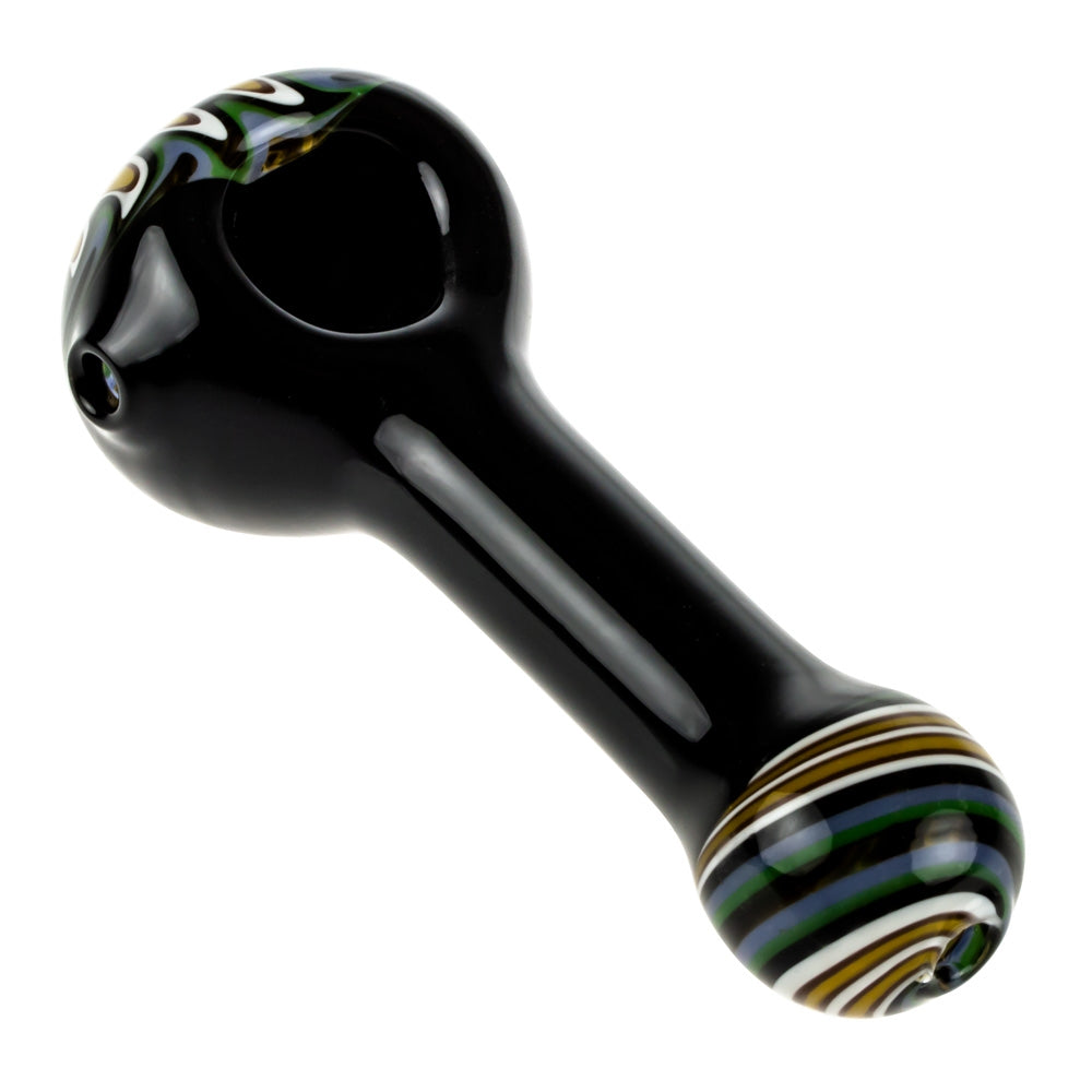 G-Spot Black Glass Spoon Pipe with Multicolored Reversals - Side View 