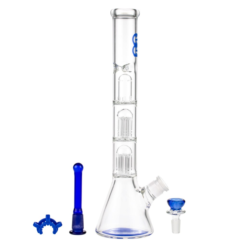 Glasscity Beaker Ice Bong with Double Tree Perc | Blue - Downstem, Bowl and Keck Clip Included 