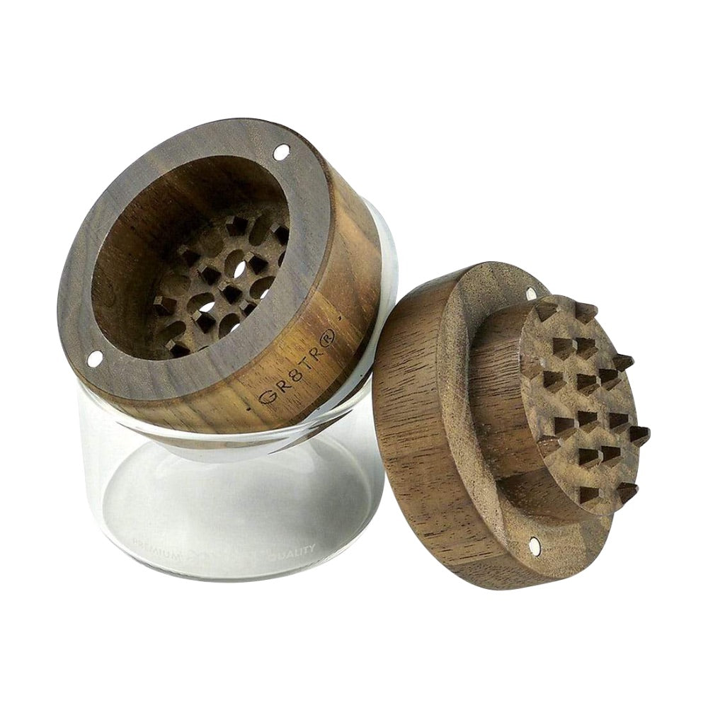 Walnut Wood Top GR8TR Grinder with Glass Jar | disassembled 