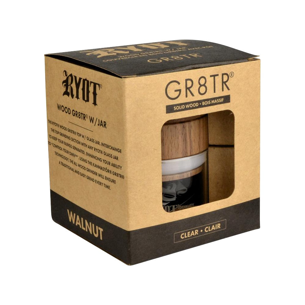 Walnut Wood Top GR8TR Grinder with Glass Jar | box