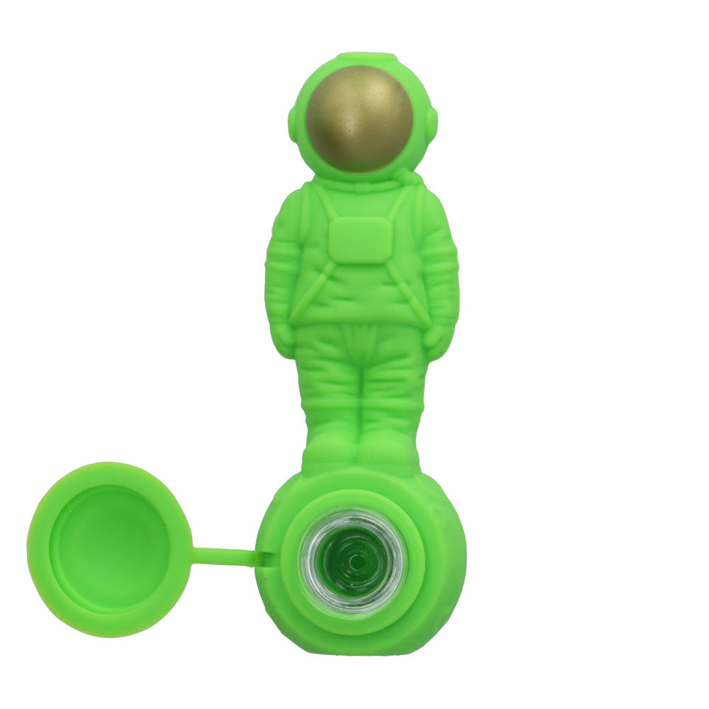 Silicone Astronaut Hand Pipe with Glass Bowl | 5 Inch | Green | top view | open lid