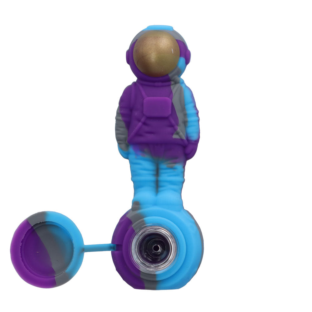 Silicone Astronaut Hand Pipe with Glass Bowl | 5 Inch | Purple/Blue | top view | open lid