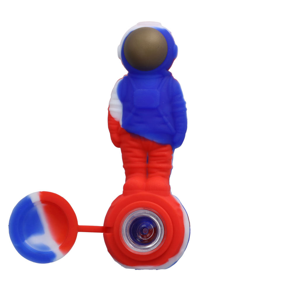 Silicone Astronaut Hand Pipe with Glass Bowl | 5 Inch | Red/White/Blue | top view | open lid