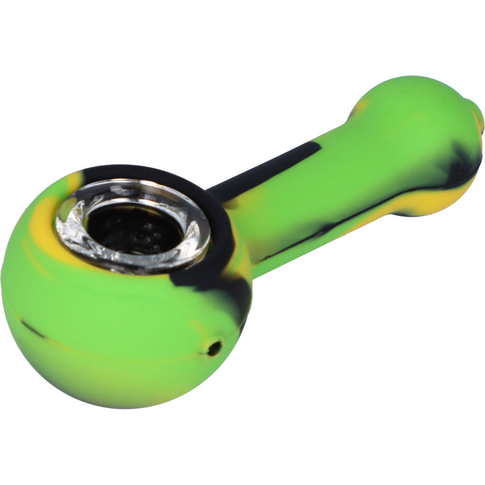 Silicone Spoon Pipe with Glass Bowl | 4.5 Inch | Green/Black/Yellow | side view 1