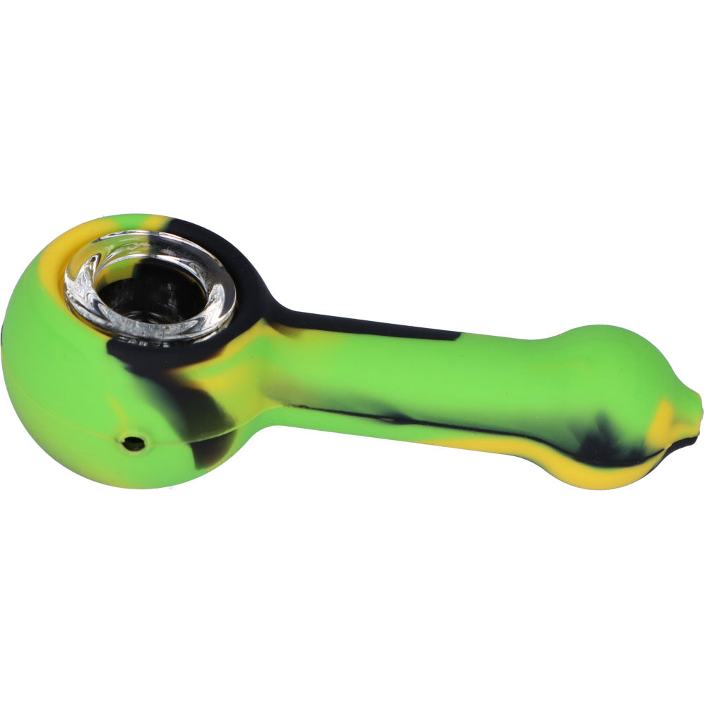 Silicone Spoon Pipe with Glass Bowl | 4.5 Inch | Green/Black/Yellow | side view 2