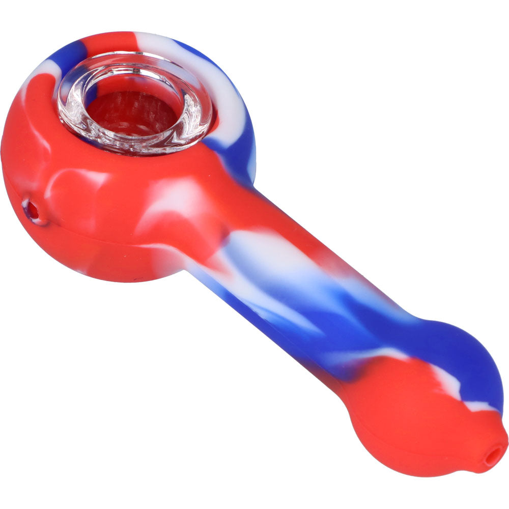Silicone Spoon Pipe with Glass Bowl | 4.5 Inch | Red/White/Blue | side view 3