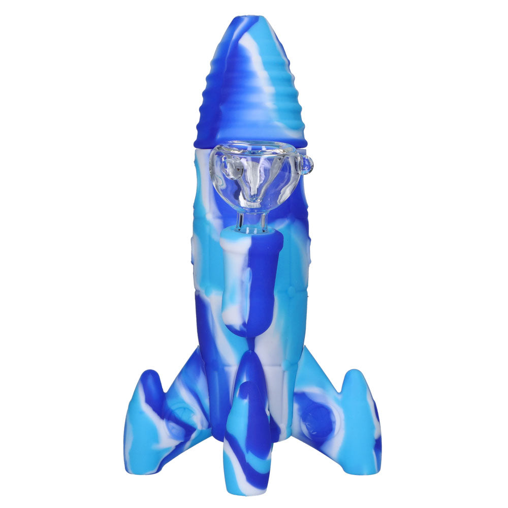 Silicone Rocket Bong with Glass Bowl | Random Color | 7.5 Inch | Blue/white - Front View 