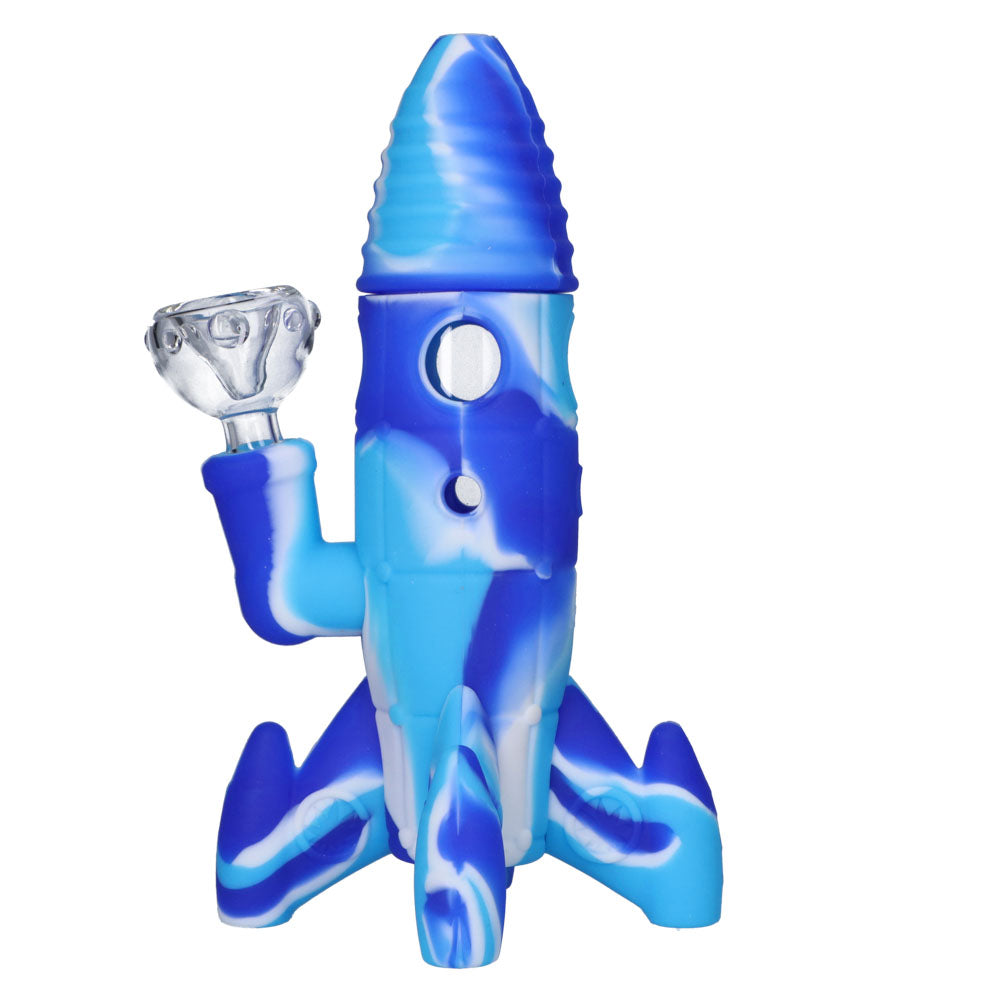 Silicone Rocket Bong with Glass Bowl | Random Color | 7.5 Inch | Blue/white - Side View 
