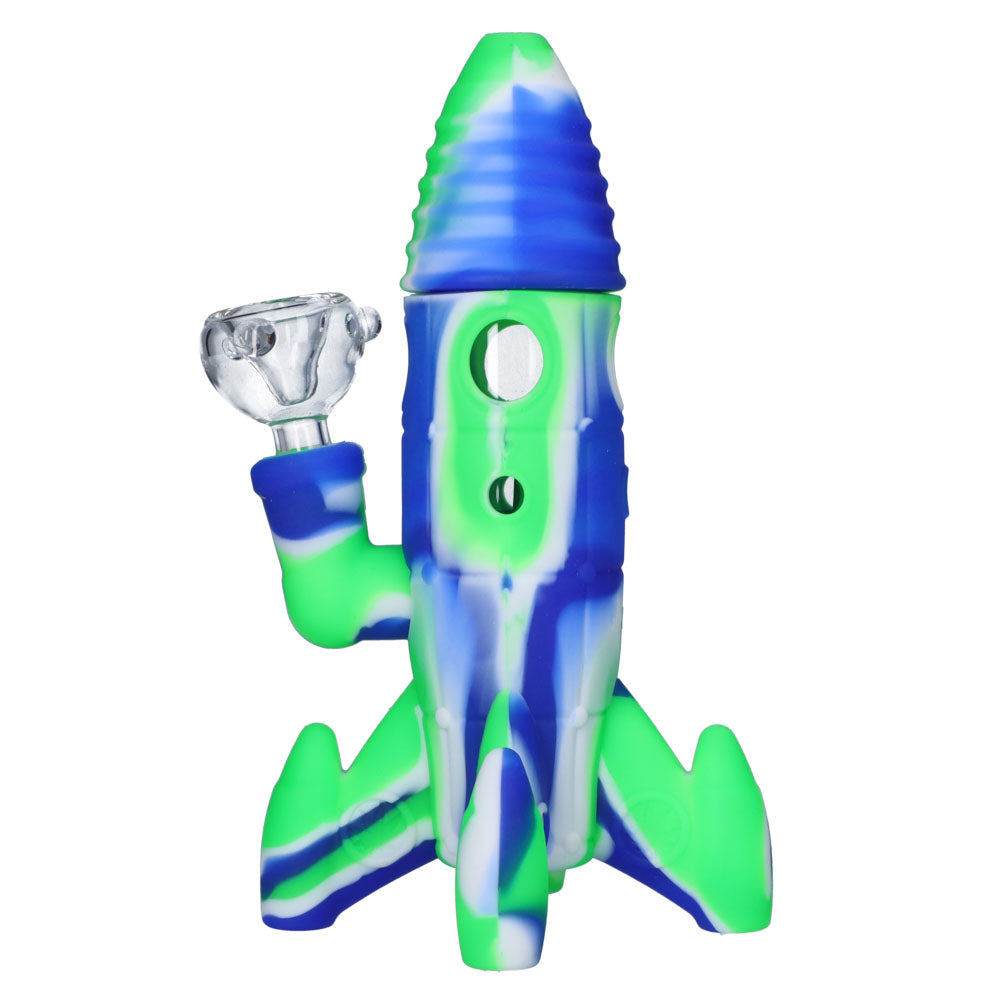 Silicone Rocket Bong with Glass Bowl | Random Color | 7.5 Inch | Blue/green/white - Side View 