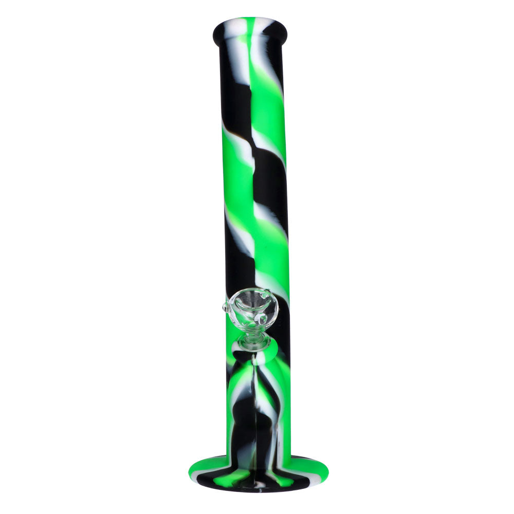 Silicone Straight Bong with Glass Downstem and Bowl | 14 Inch | Black/Green | front view