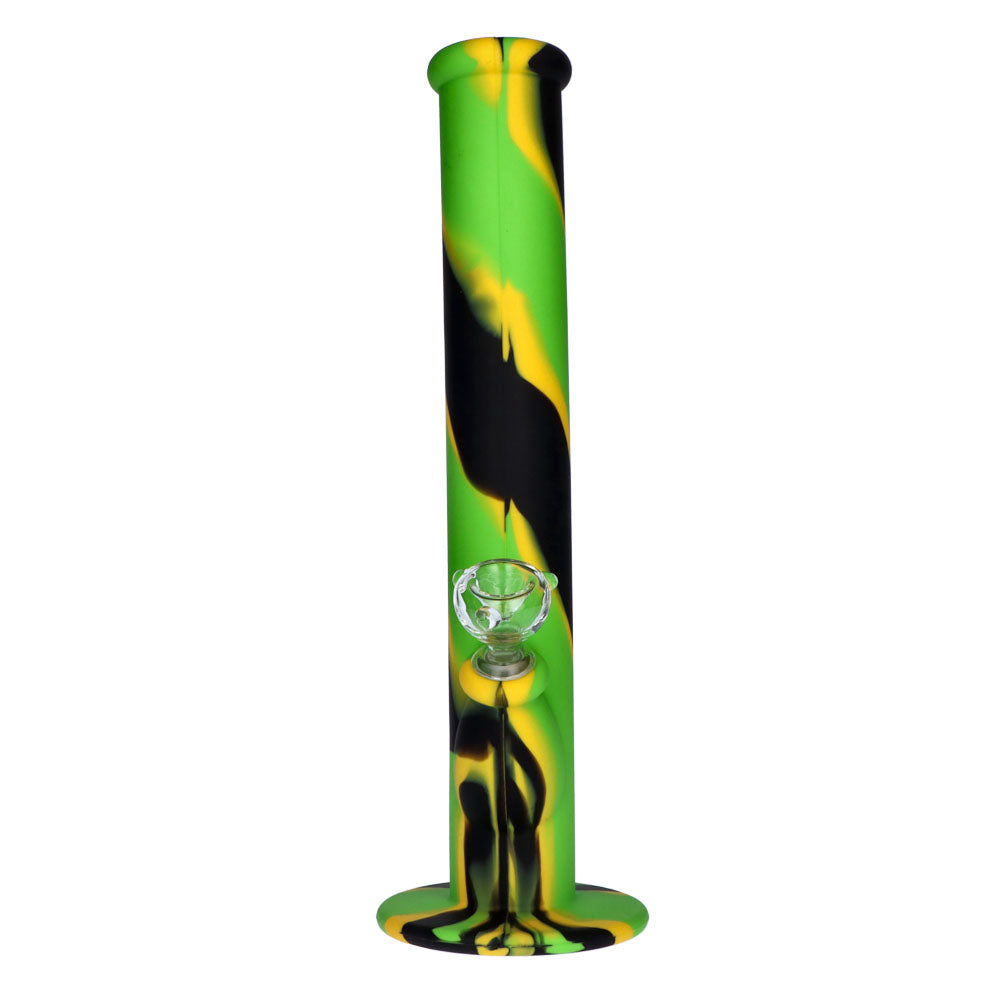 Silicone Straight Bong with Glass Downstem and Bowl | 14 Inch | Black/Green/Yellow | front view