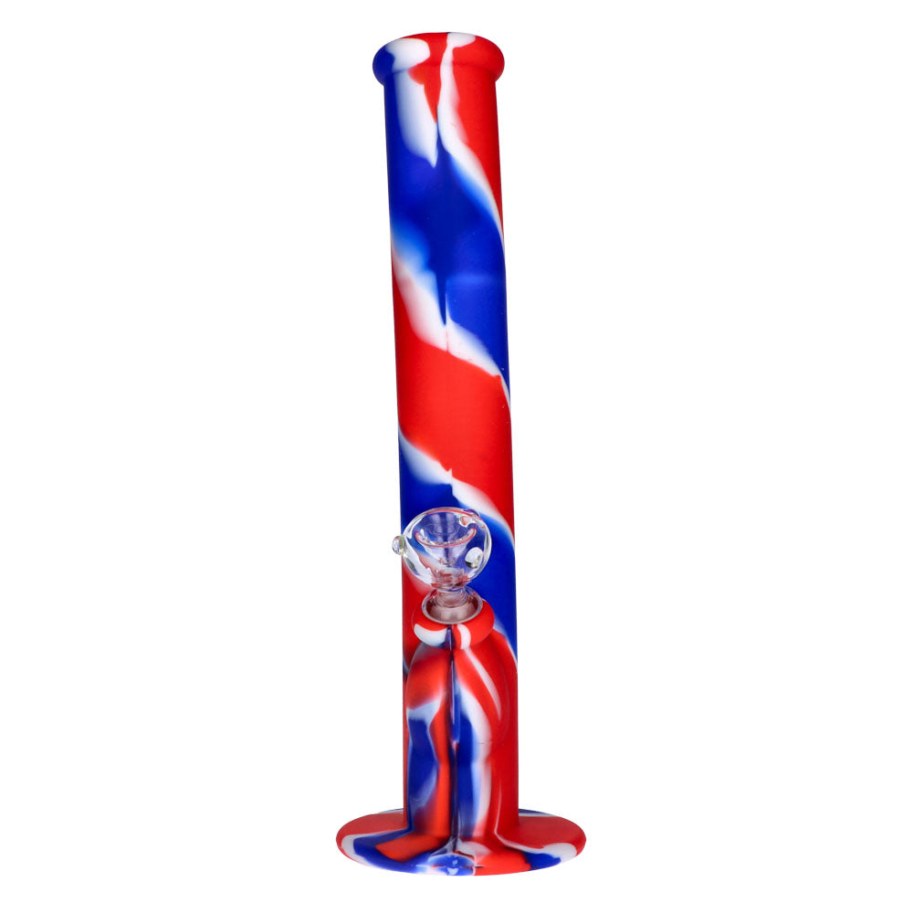 Silicone Straight Bong with Glass Downstem and Bowl | 14 Inch | Blue/Red/White | front view