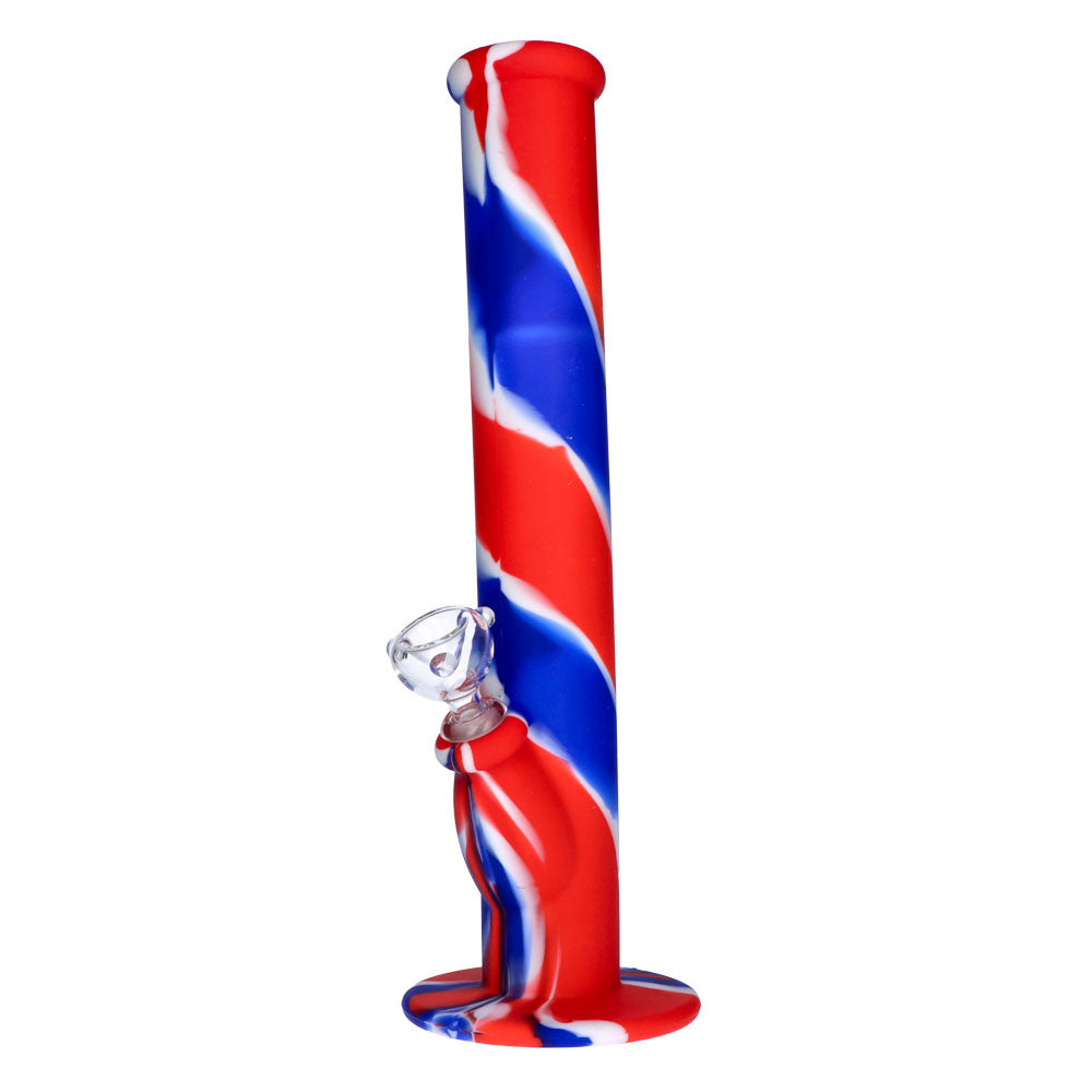 Silicone Straight Bong with Glass Downstem and Bowl | 14 Inch | Blue/Red/White | side view 1