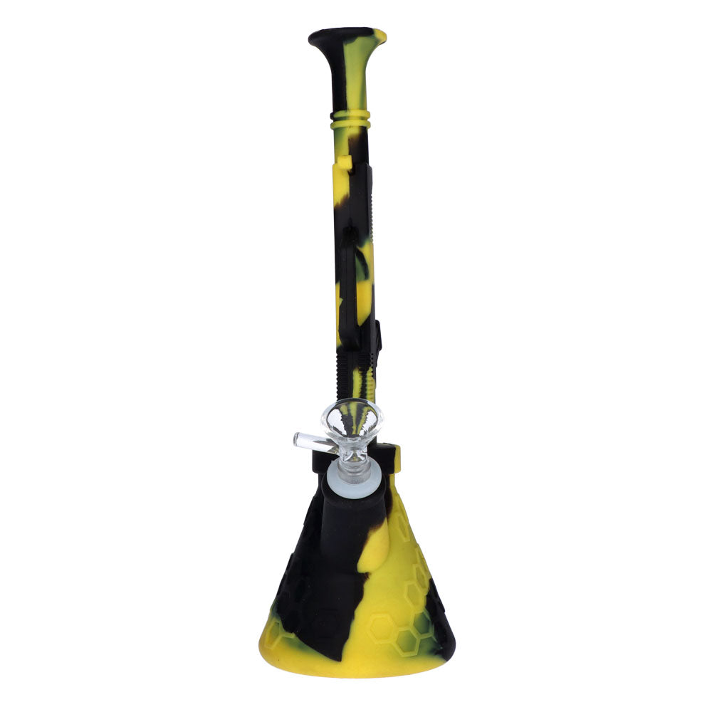 Silicone AK47 Beaker Base Bong with Glass Bowl | 11 Inch | Black/Yellow | front view