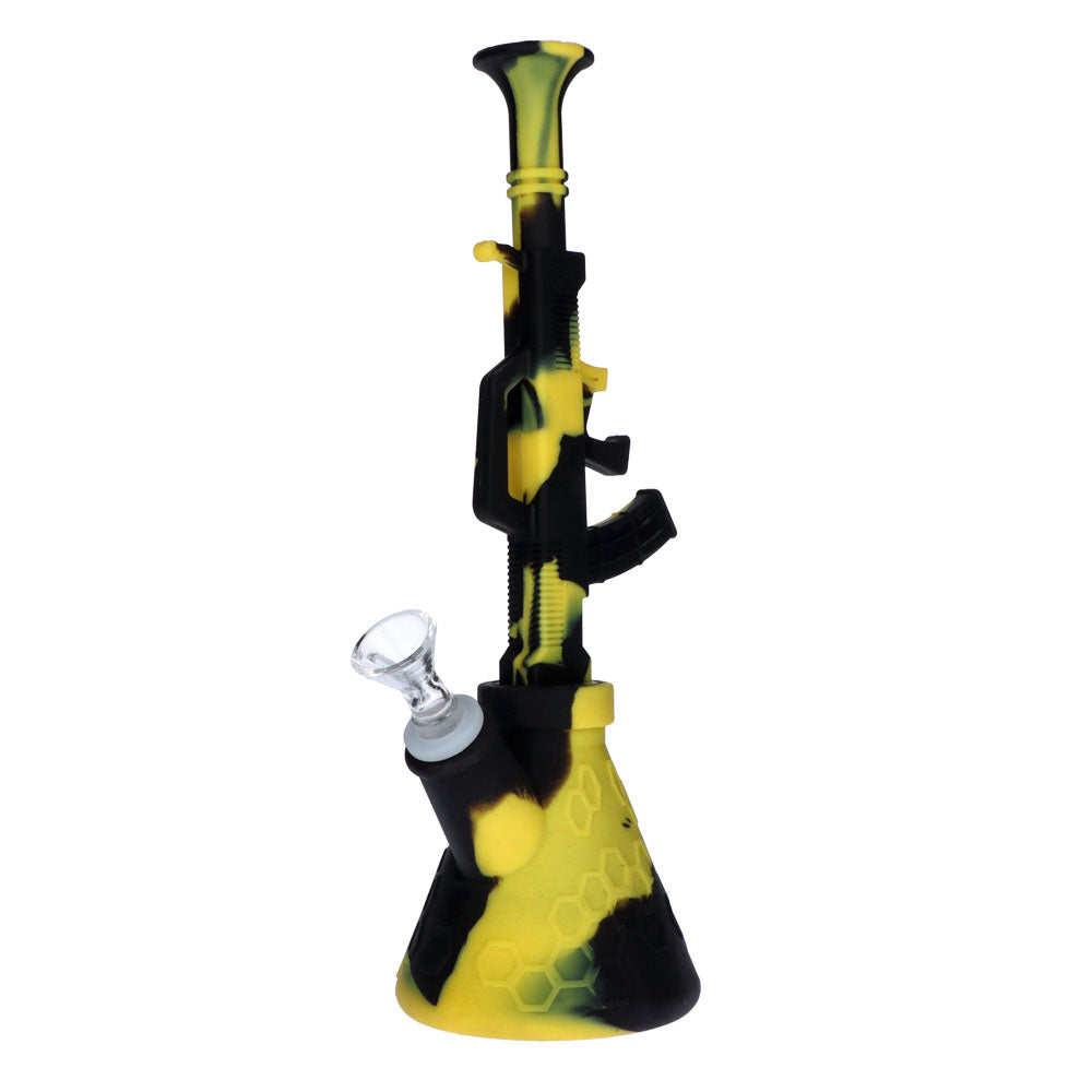 Silicone AK47 Beaker Base Bong with Glass Bowl | 11 Inch | Black/Yellow | side view 4