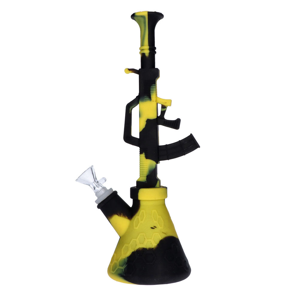 Silicone AK47 Beaker Base Bong with Glass Bowl | 11 Inch | Black/Yellow | side view 1