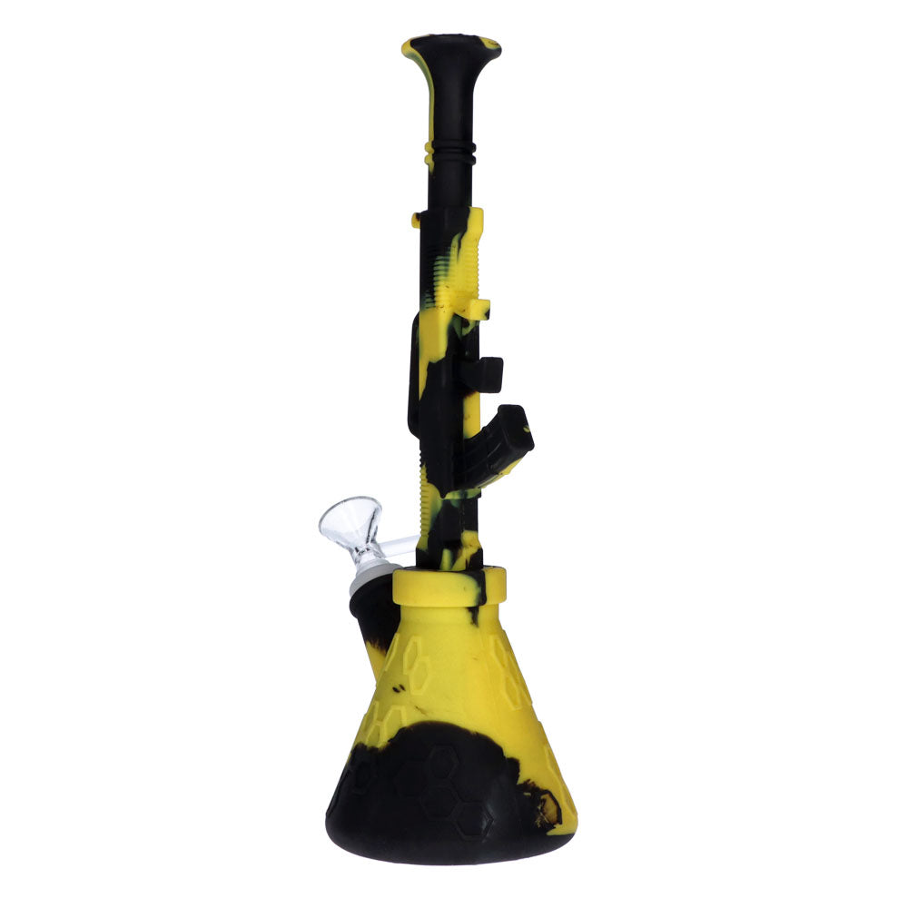 Silicone AK47 Beaker Base Bong with Glass Bowl | 11 Inch | Black/Yellow | side view 2