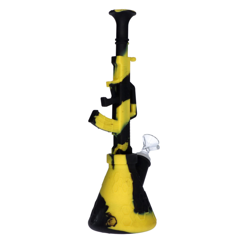 Silicone AK47 Beaker Base Bong with Glass Bowl | 11 Inch | Black/Yellow | side view 3