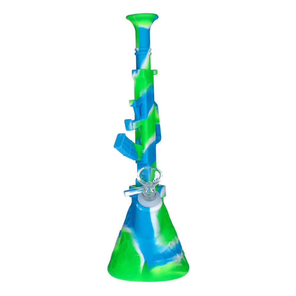 Silicone AK47 Beaker Base Bong with Glass Bowl | 11 Inch | Blue/Green | front view