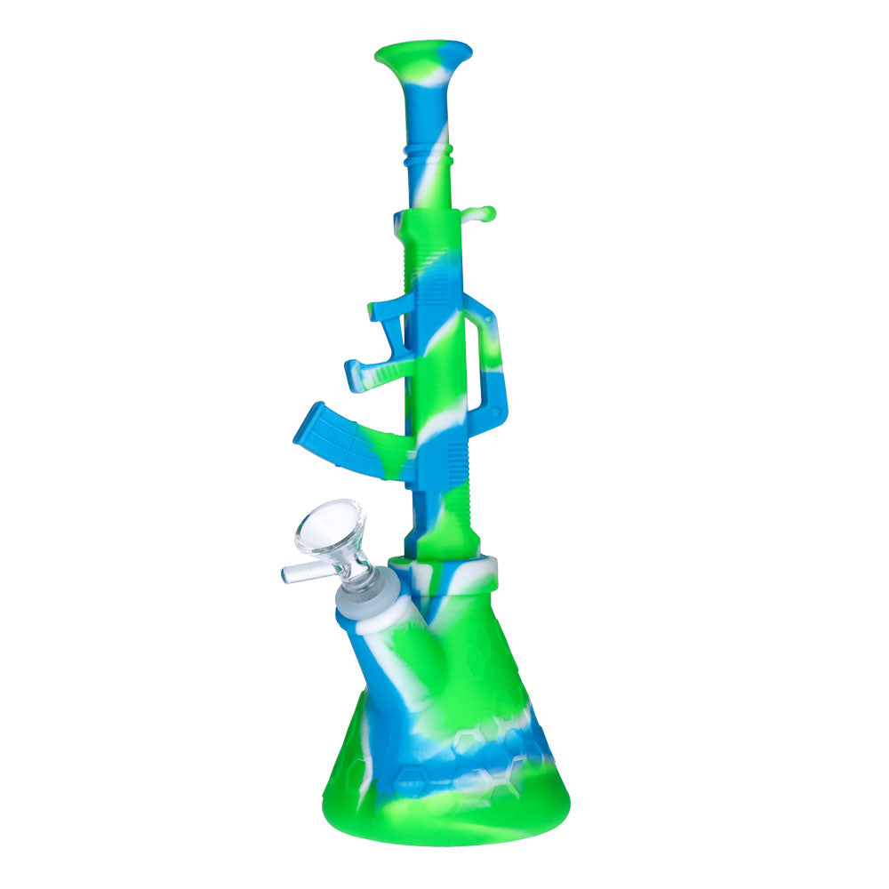 Silicone AK47 Beaker Base Bong with Glass Bowl | 11 Inch | Blue/Green | side view 2