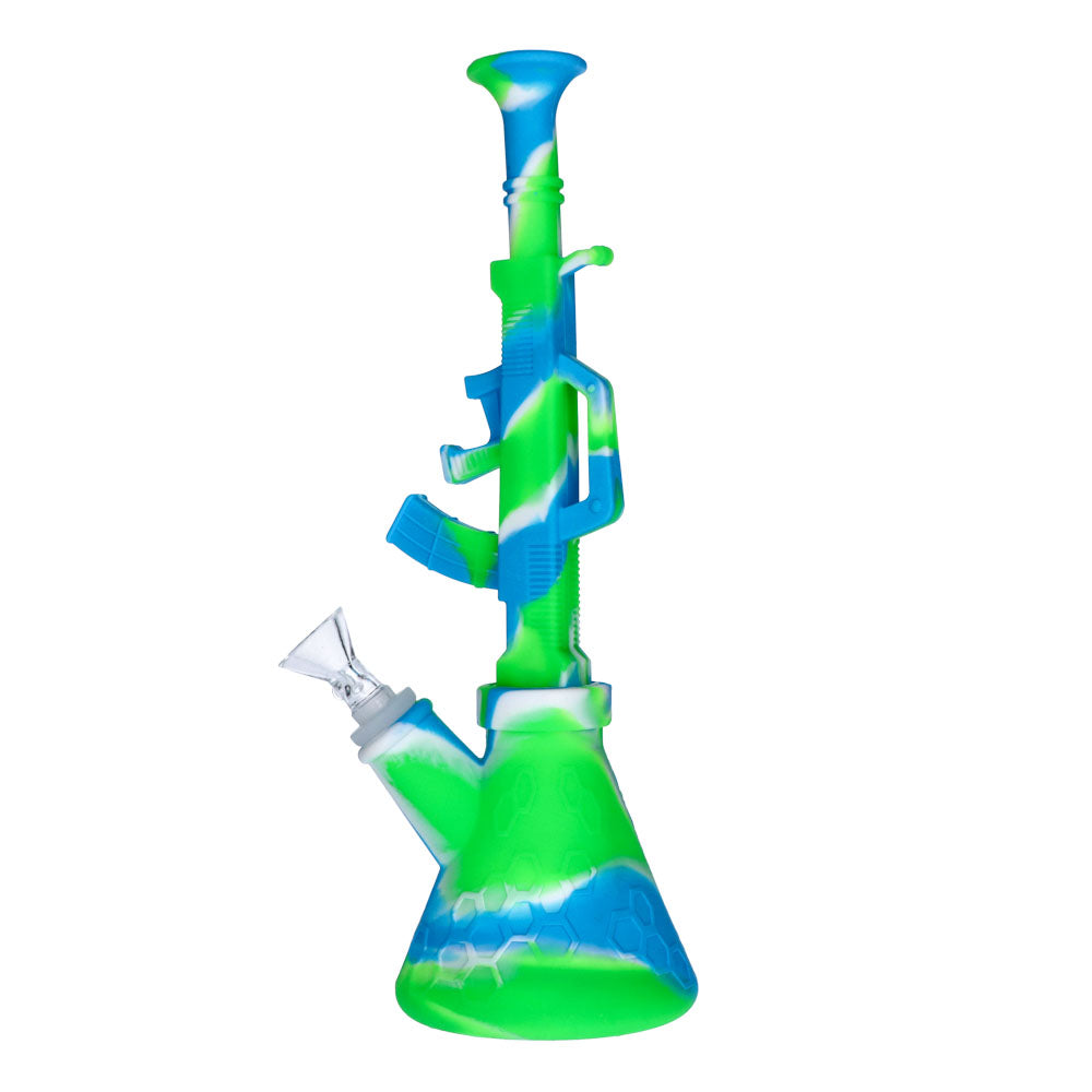 Silicone AK47 Beaker Base Bong with Glass Bowl | 11 Inch | Blue/Green | side view 3