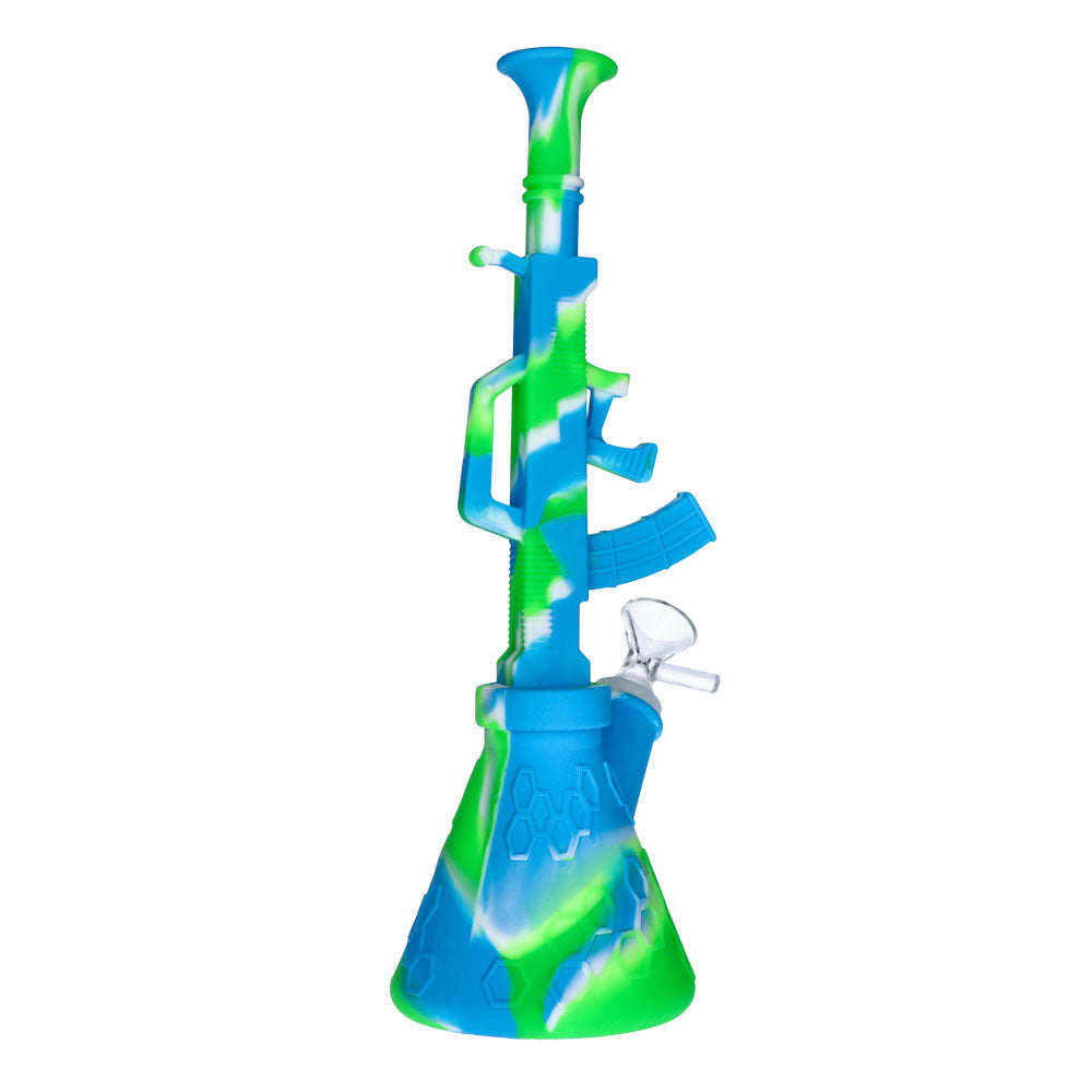 Silicone AK47 Beaker Base Bong with Glass Bowl | 11 Inch | Blue/Green | side view 1