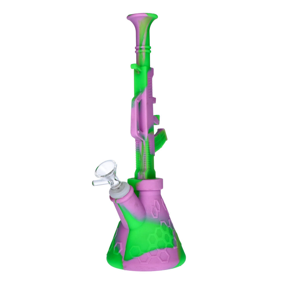Silicone AK47 Beaker Base Bong with Glass Bowl | 11 Inch |Purple/Green | side view 4