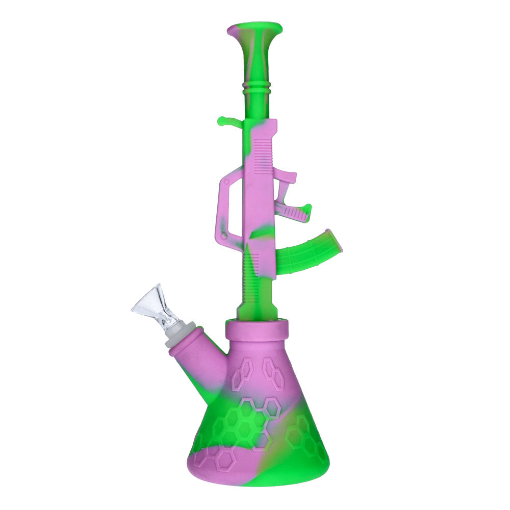 Silicone AK47 Beaker Base Bong with Glass Bowl | 11 Inch |Purple/Green | side view 1