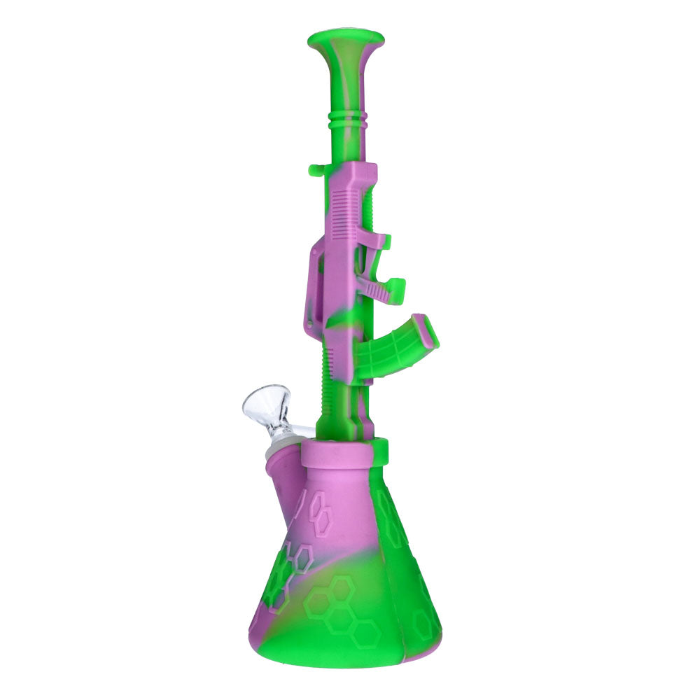 Silicone AK47 Beaker Base Bong with Glass Bowl | 11 Inch |Purple/Green | side view 2