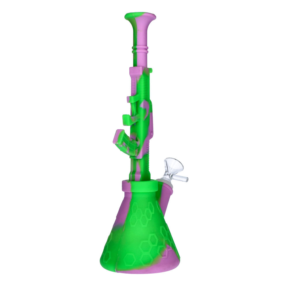 Silicone AK47 Beaker Base Bong with Glass Bowl | 11 Inch |Purple/Green | side view 3