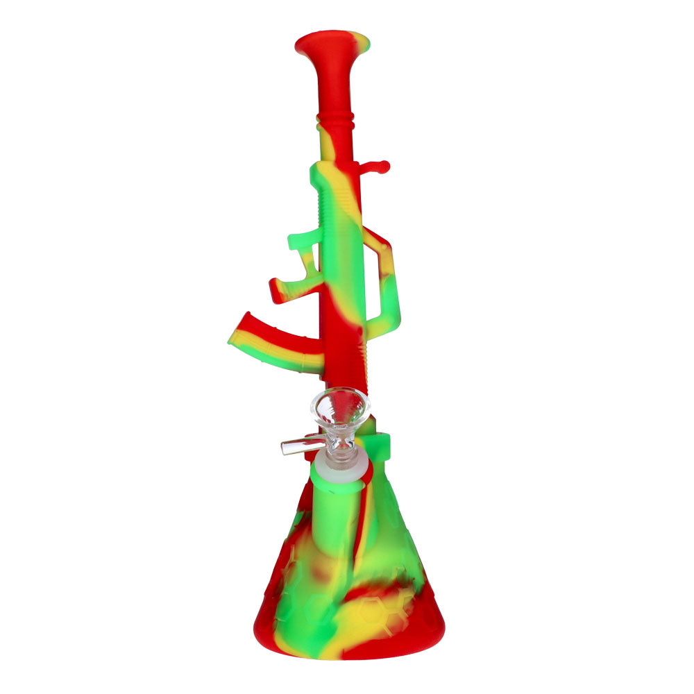 Silicone AK47 Beaker Base Bong with Glass Bowl | 11 Inch | Rasta | front view