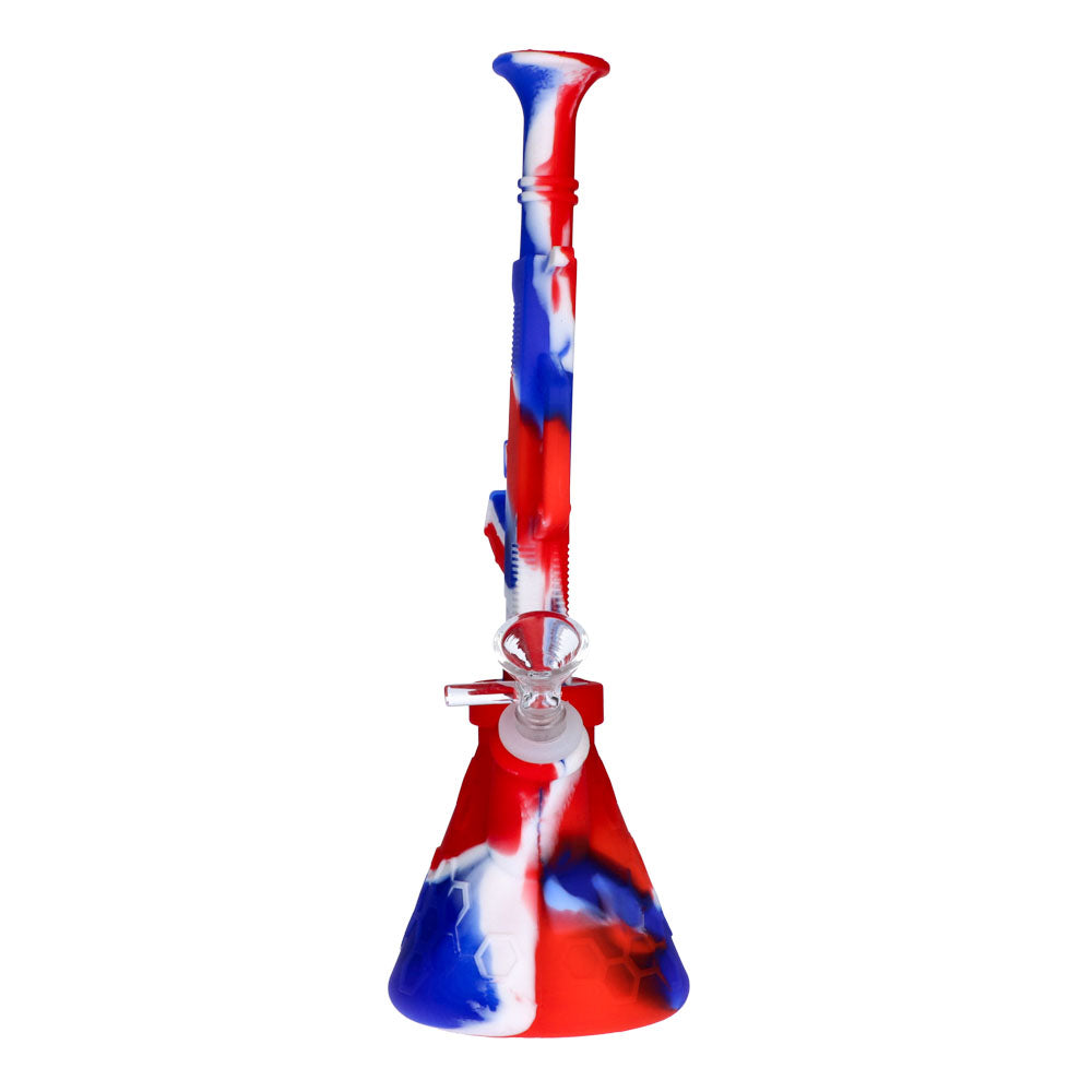 Silicone AK47 Beaker Base Bong with Glass Bowl | 11 Inch | Red/white/blue | front view