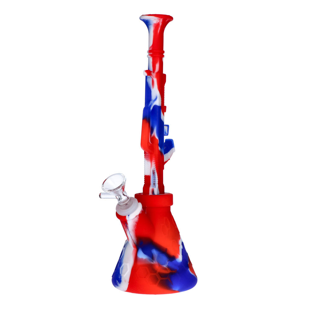 Silicone AK47 Beaker Base Bong with Glass Bowl | 11 Inch | Red/white/blue | side view 4