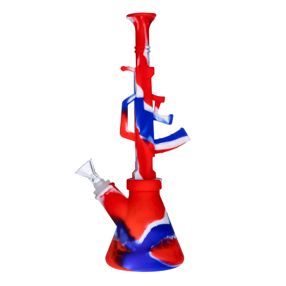 Silicone AK47 Beaker Base Bong with Glass Bowl | 11 Inch | Red/white/blue | side view 1