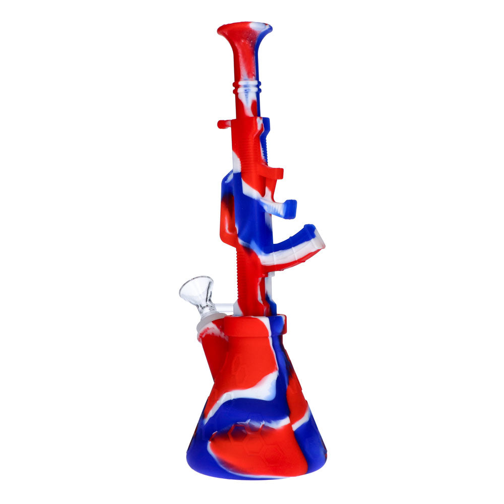 Silicone AK47 Beaker Base Bong with Glass Bowl | 11 Inch | Red/white/blue | side view 2