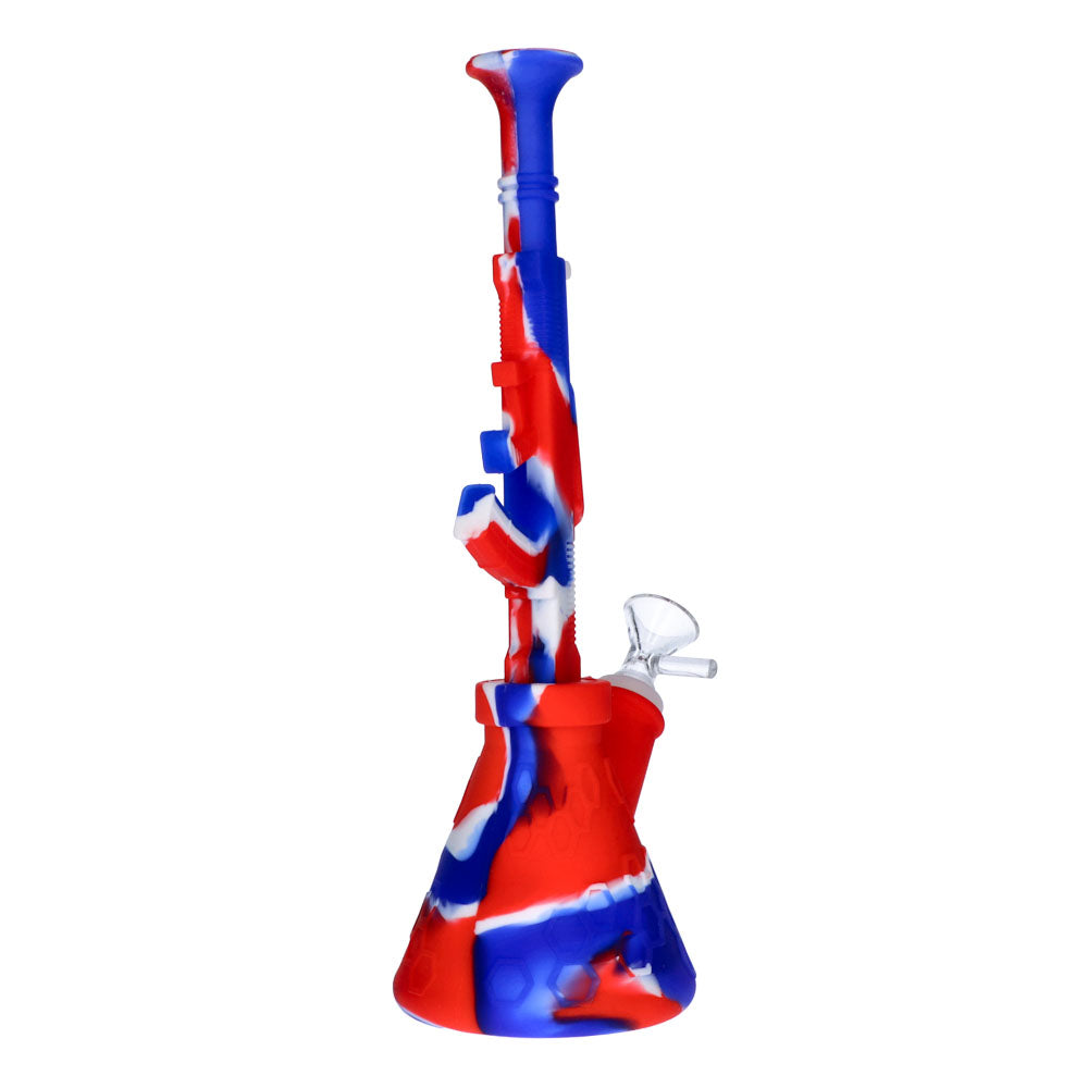 Silicone AK47 Beaker Base Bong with Glass Bowl | 11 Inch | Red/white/blue | side view 3
