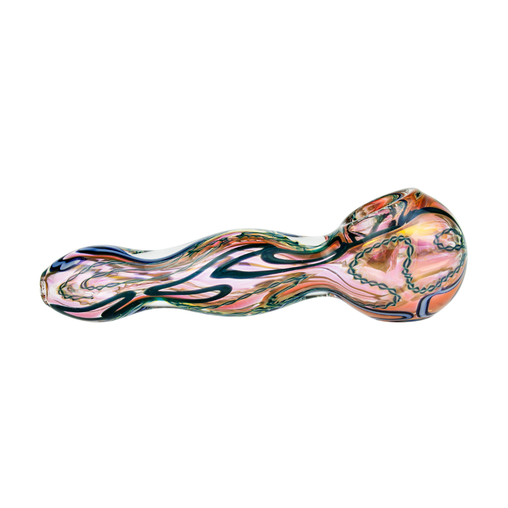 G-Spot Glass Spoon Pipe - Fumed with Blue and Yellow Zig-Zag Stripes